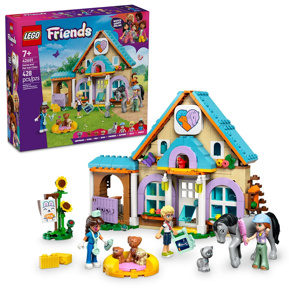 LEGO Friends La clinique vétérinaire pour chevaux et animaux de compagnie, Jouet de simulation avec 3 minipoupées et 5 animaux 42651