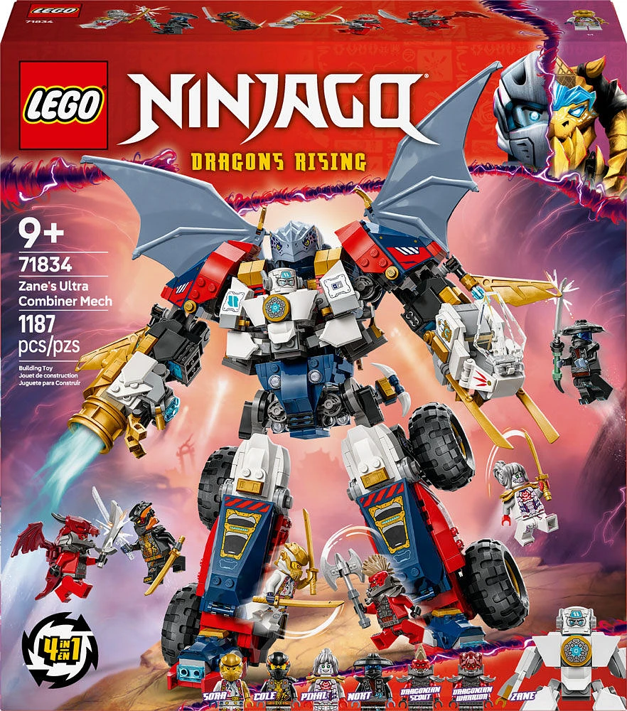 LEGO NINJAGO Le robot ultracombiné de Zane, jouet, ensemble de construction 4-en-1 avec une voiture, un avion et un dragon 71834