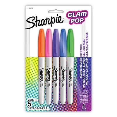 Marqueurs permanents Sharpie Glam Pop, pointe fine, couleurs assorties, 5 unités