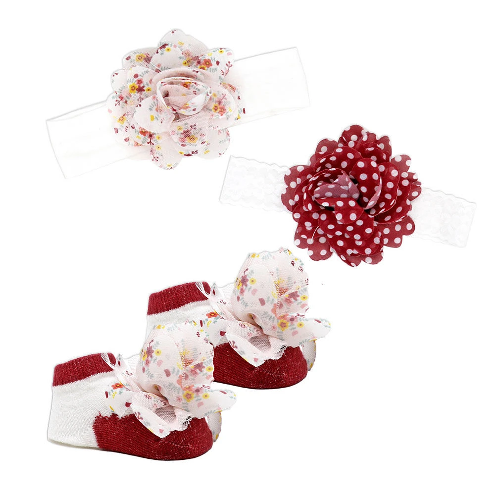 Baby Mode Signature Ensemble 3 pièces bandeau et chaussettes en mousseline : fleurs rouges