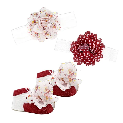 Baby Mode Signature 3 Piece Chiffon Headband & Sock Set: Red Flowers