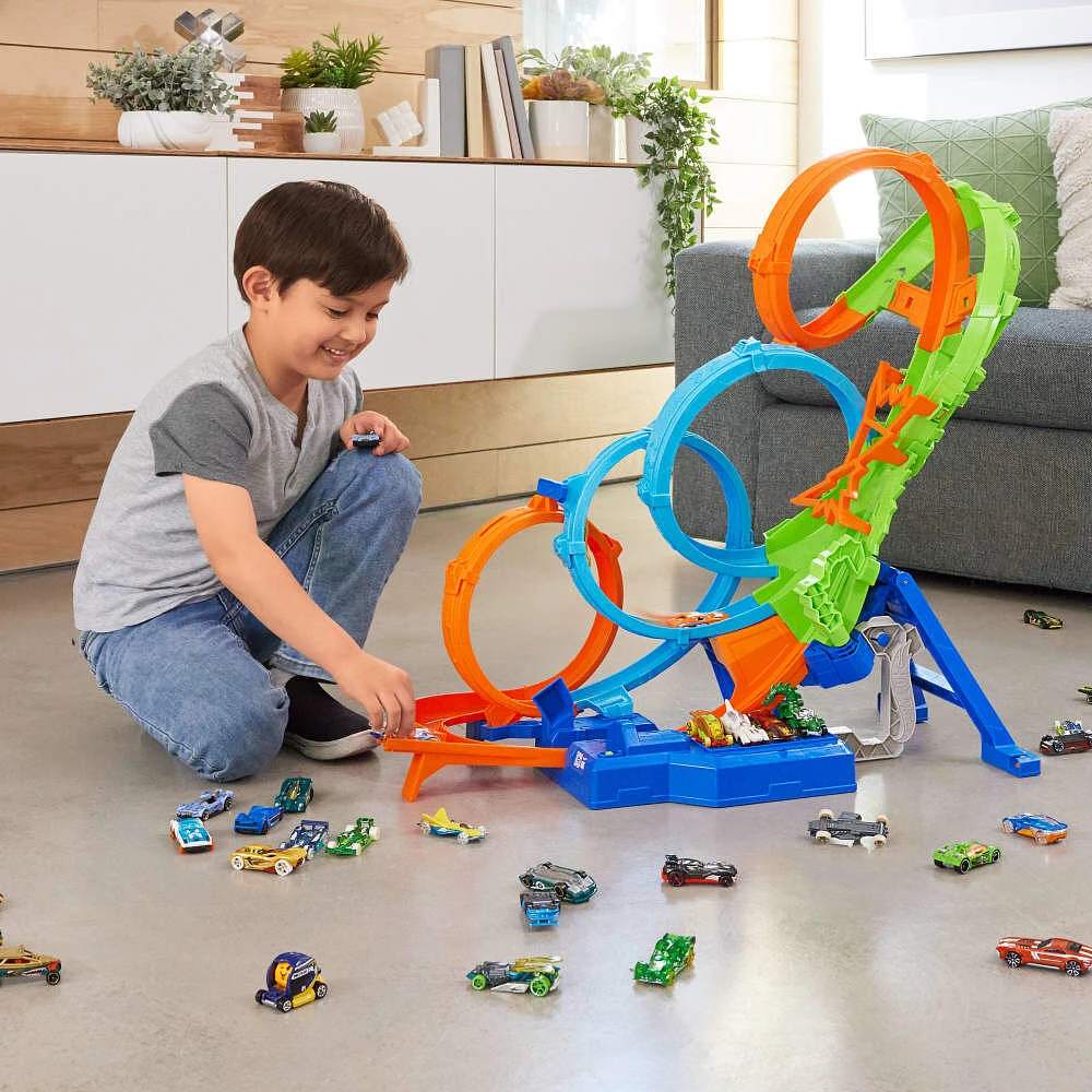 Hot Wheels Action 4-Loop Crash Out Track Set with Motorized Booster & 1:64 Scale Toy Car