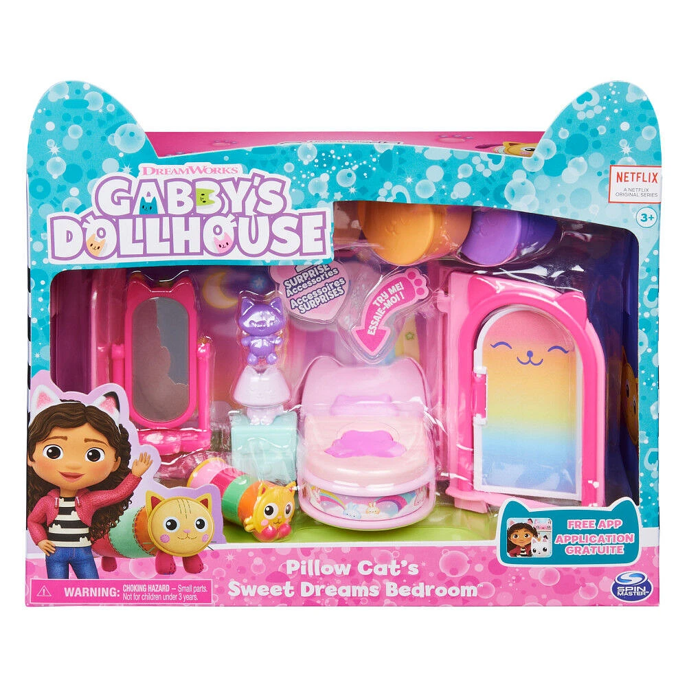 DreamWorks Gabby's Dollhouse, Sweet Dreams Bedroom with Pillow Cat Figure and 3 Accessories, 3 Furniture and 2 Deliveries