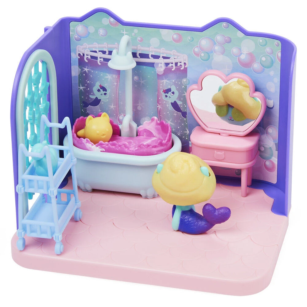 DreamWorks, Gabby's Dollhouse, Primp and Pamper Bathroom avec figurine MerCat, 3 accessoires, 3 meubles et 2 boîtes surprises