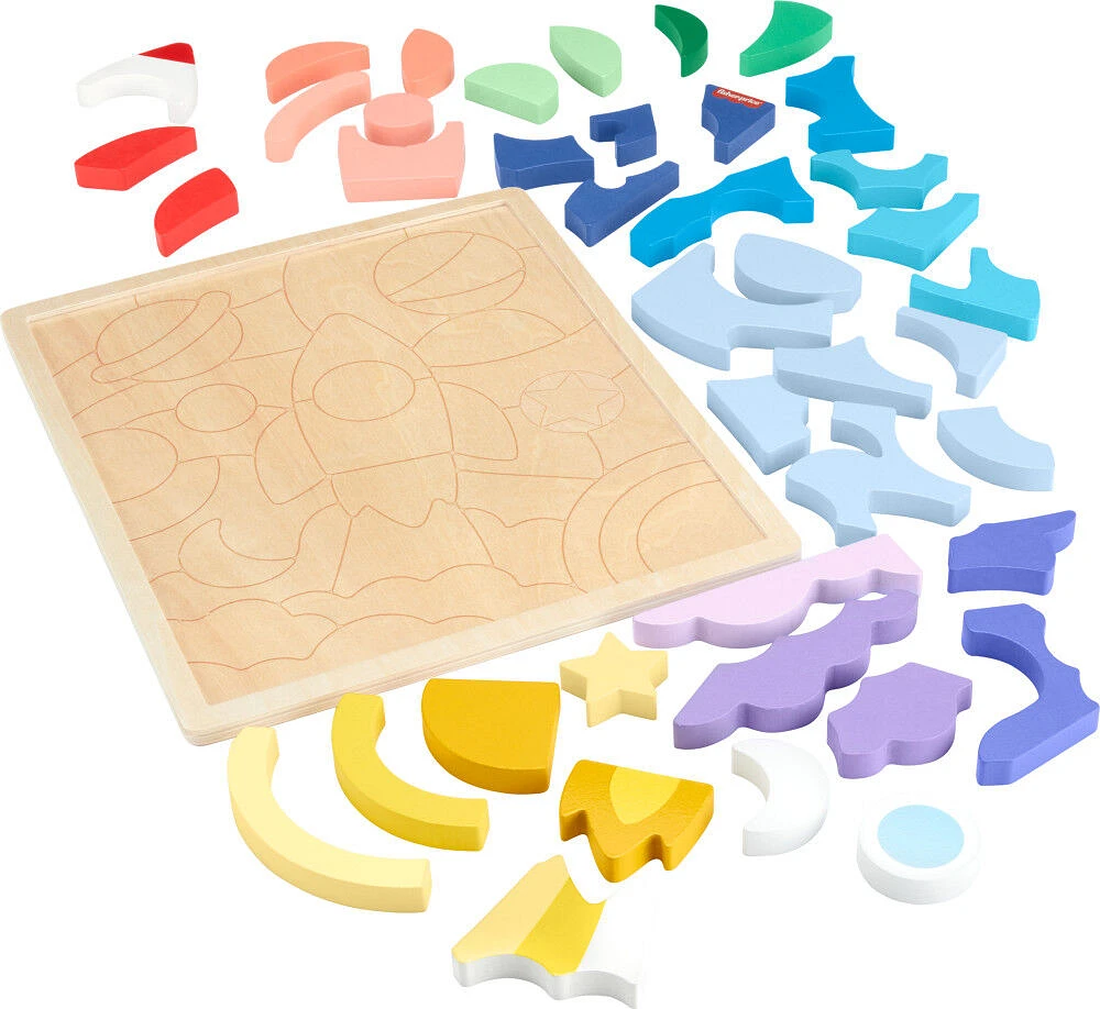 Fisher-Price Wooden Space Blocks Puzzle for Preschool Kids, 42 Wood Pieces