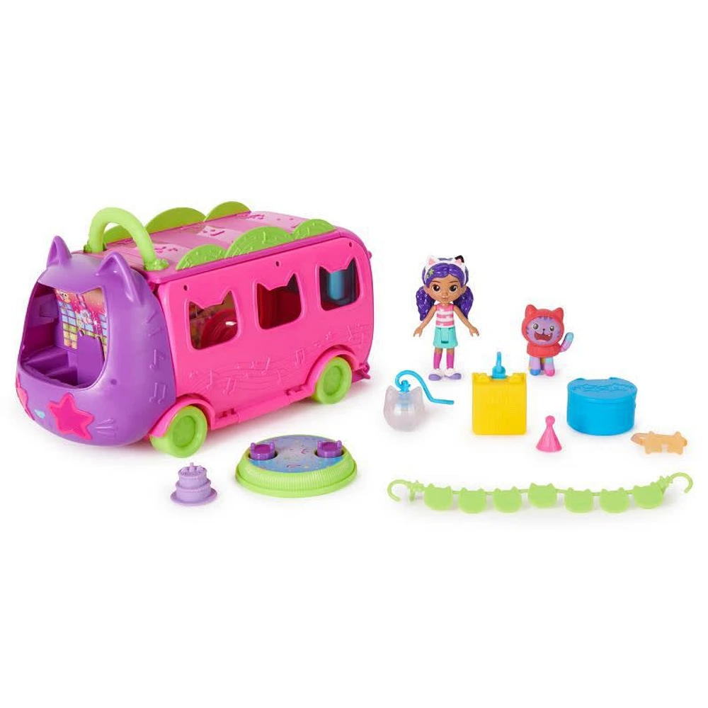 Gabby's Dollhouse Celebration Party Bus, Transforming Playset with Gabby & DJ Catnip Toy Figures & Dollhouse Accessories