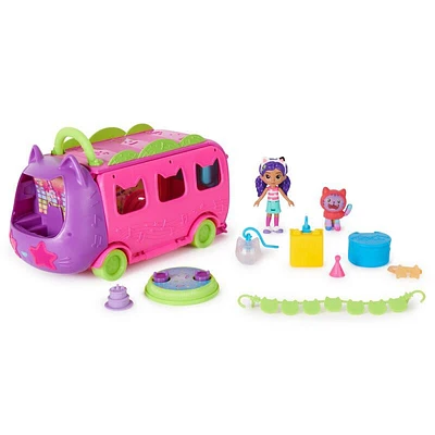 Gabby's Dollhouse, Coffret bus de fête avec figurines Gabby et DJ Miaou, Accessoires pour maison de poupée