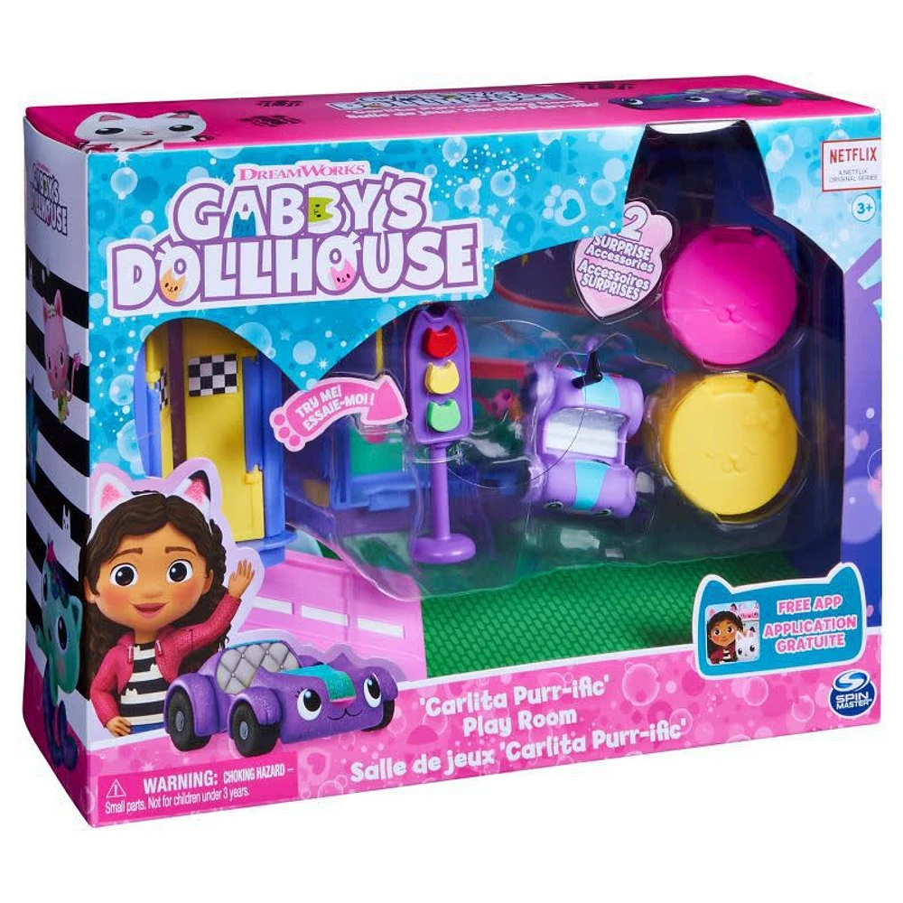 Gabby's Dollhouse, Carlita Purr-ific Play Room with Carlita Toy Car, Accessories, Furniture and Dollhouse Deliveries