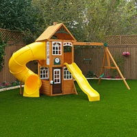 KidKraft - Castlewood Wooden Swing Set / Playset with Clubhouse, Mailbox, Slide and Play Kitchen - R Exclusive