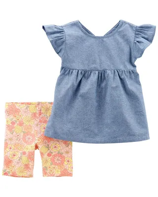 Carter's Two Piece Chambray Top and Floral Bike Shorts