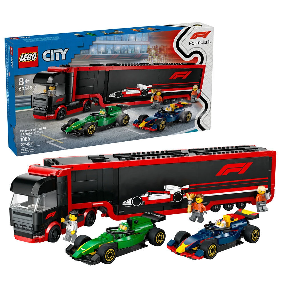 LEGO City F1 Truck with RB20 & AMR24 F1 Cars - Model Car Building Toy Set for Kids, Boys and Girls - 60445