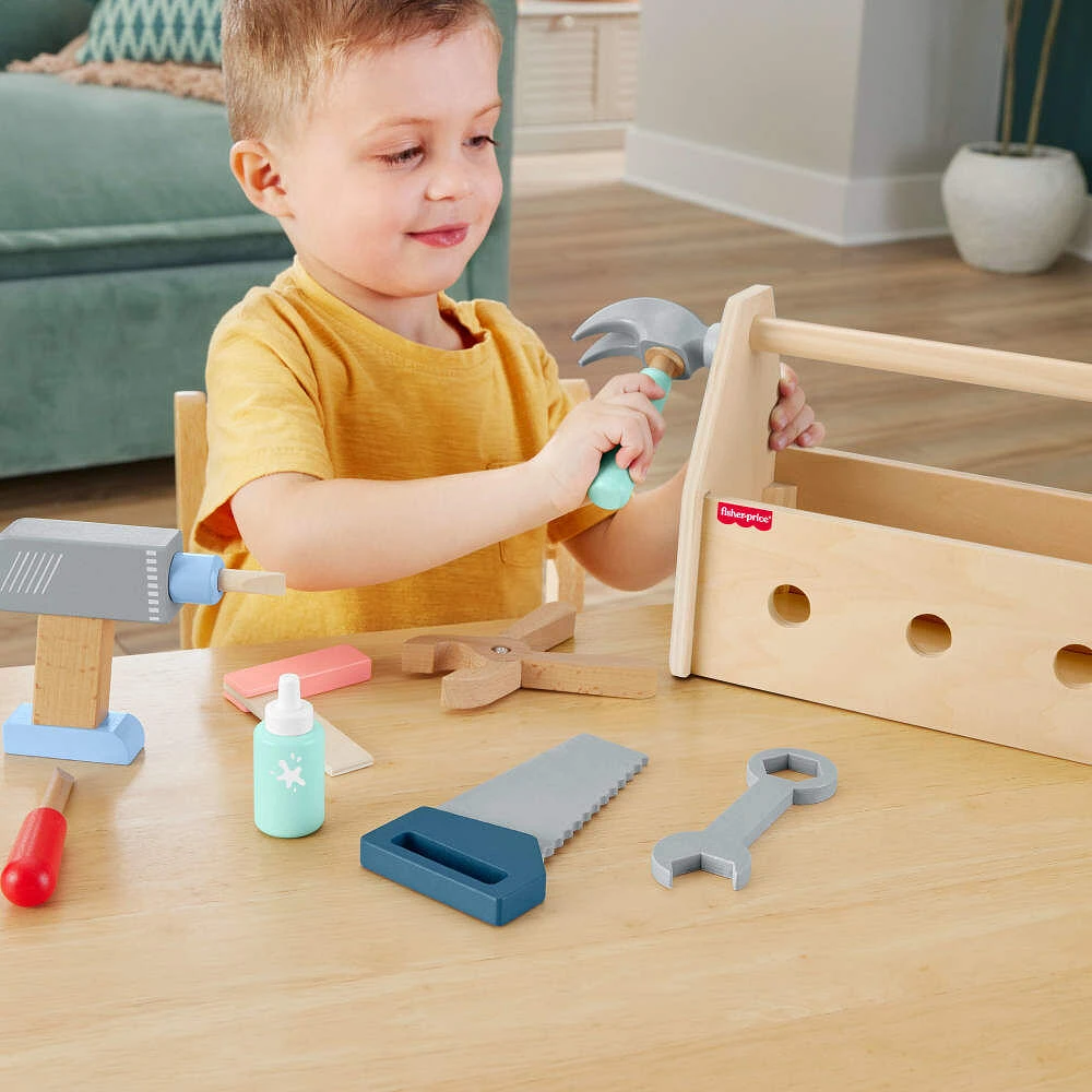 Fisher-Price Wooden Tool Box Set for Preschool Pretend Play, 9 Wood Pieces