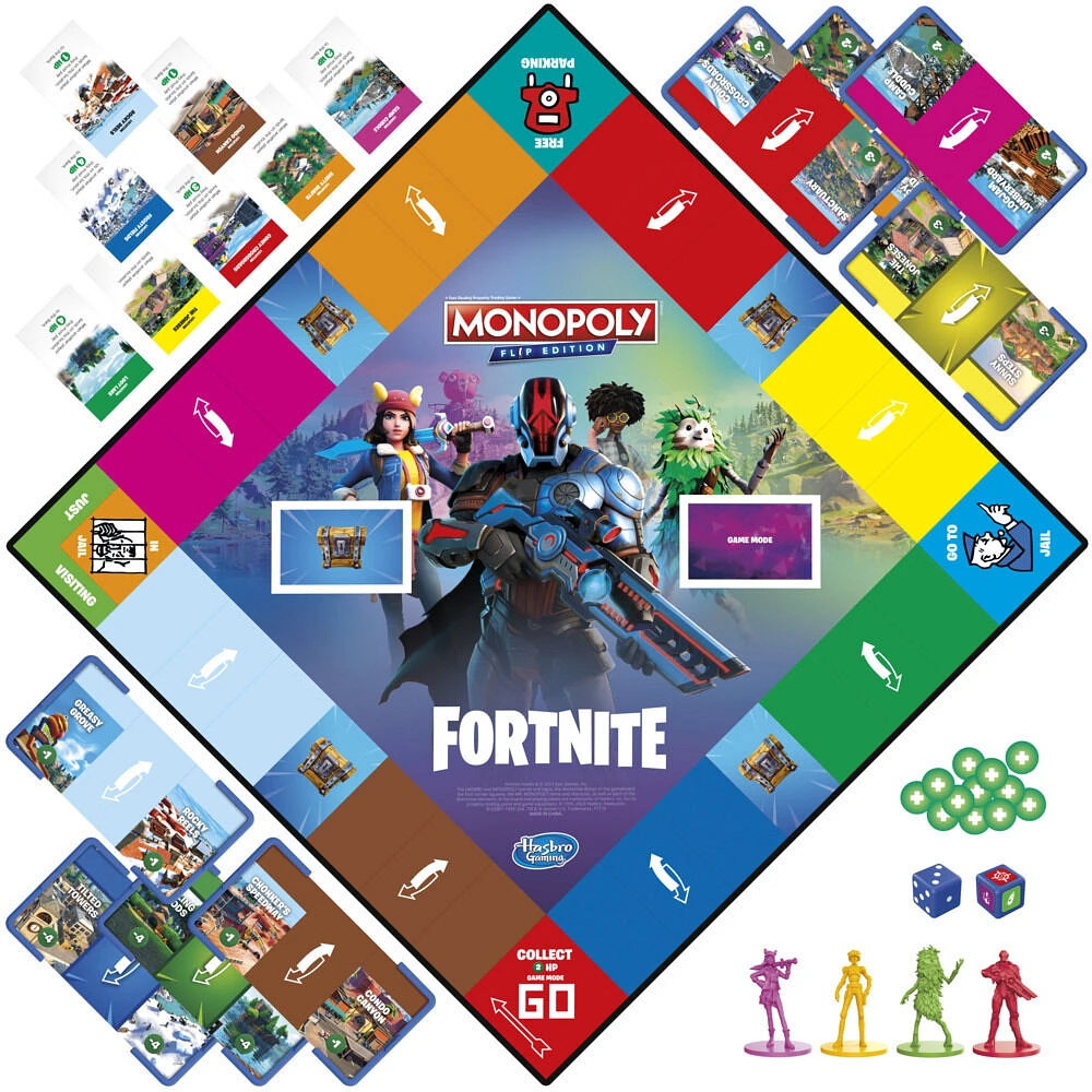 Monopoly Flip édition : Fortnite, jeu de plateau Monopoly inspiré du jeu vidéo Fortnite