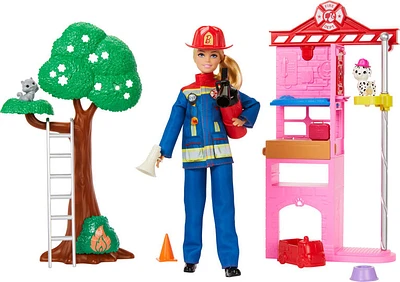 Barbie Firefighter Playset with Blonde Fashion Doll, Fire Station, 2 Pets & 10+ Accessories