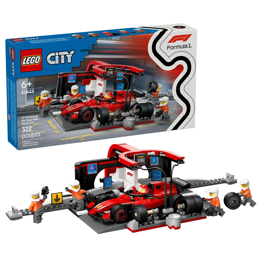 LEGO City F1 Pit Stop & Pit Crew with Ferrari Car Toy - Model Race Car Toy Building Playset - 60443