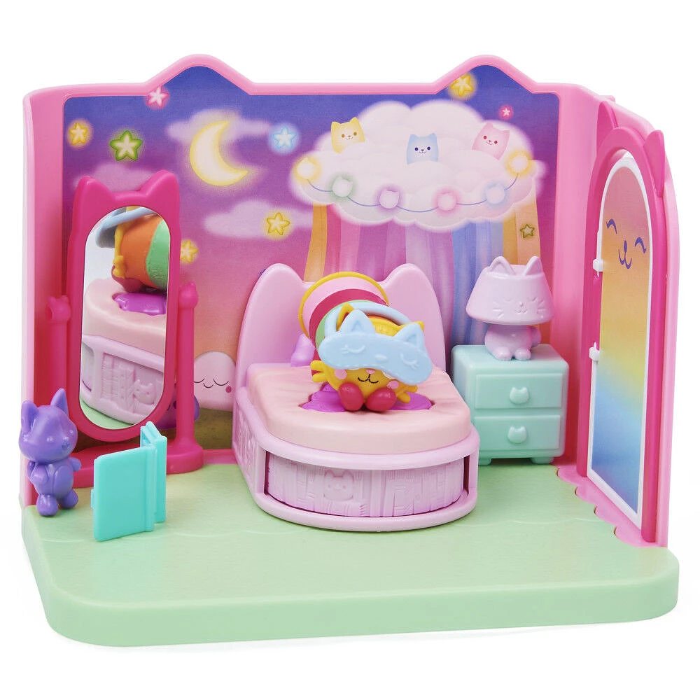 DreamWorks, Gabby's Dollhouse, Sweet Dreams Bedroom avec figurine Pillow Cat et 3 accessoires, 3 meubles et 2 boîtes surprises