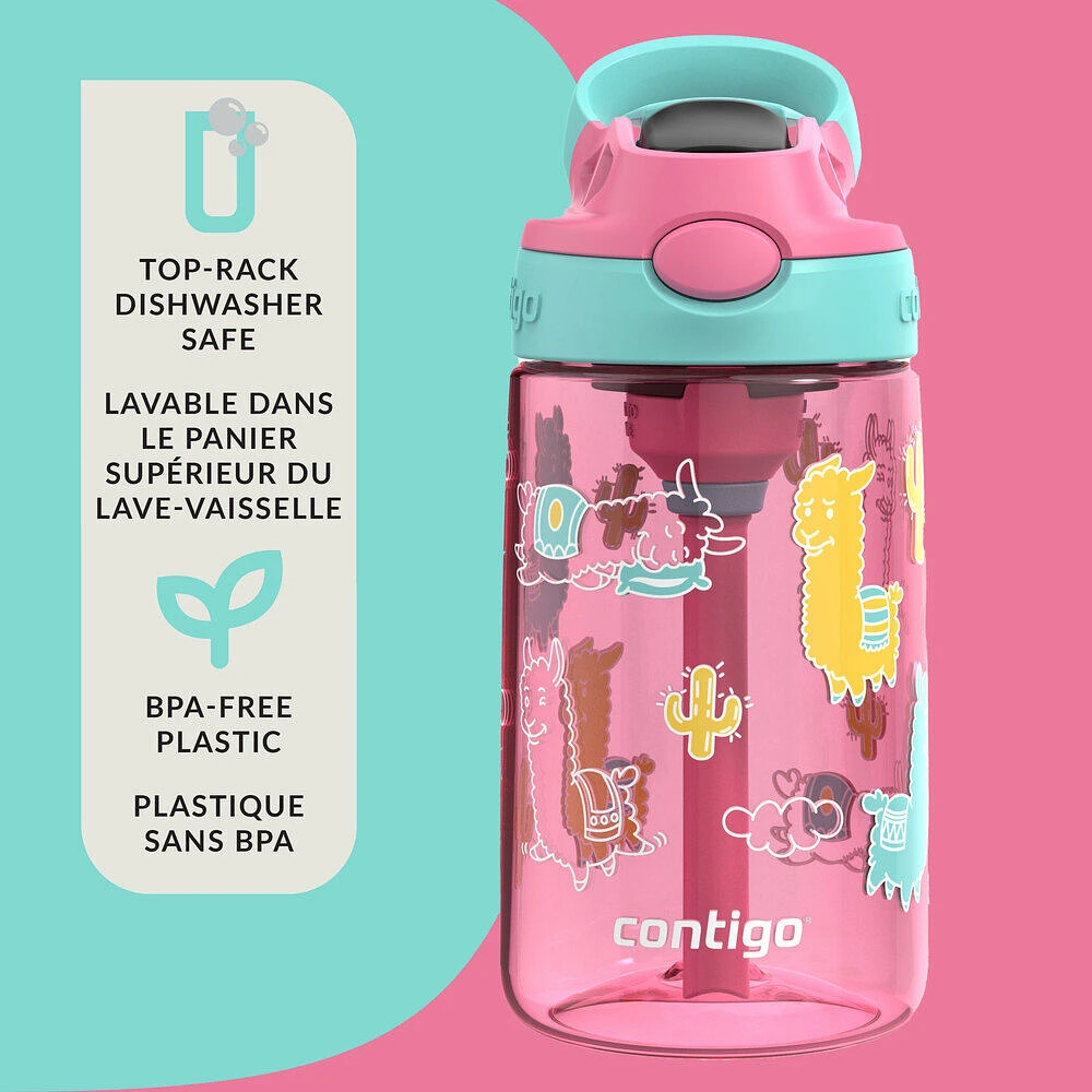 Contigo Aubrey Kids Leak-Proof Spill-Proof Water Bottle, Azalea Jade Llama, 14 oz