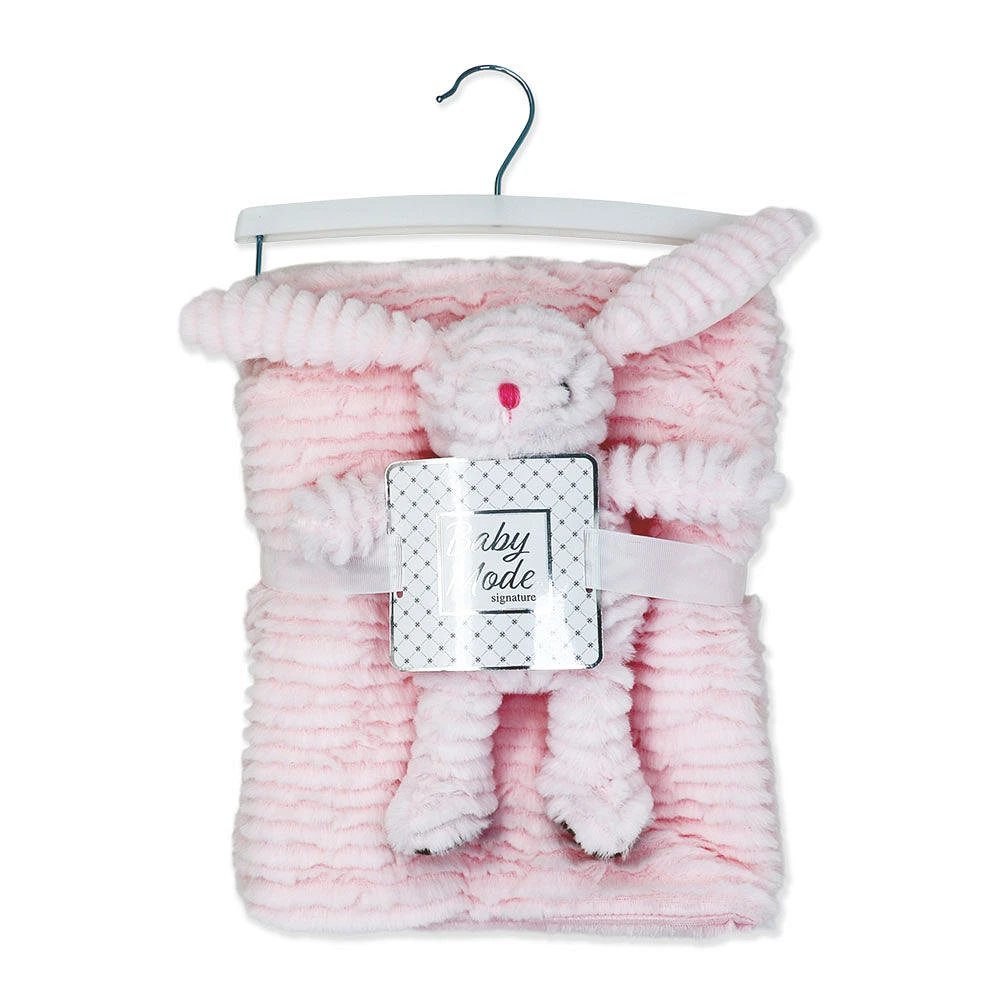 Baby Mode Signature Ridged Plush Toy with Blanket: Pink Bunny