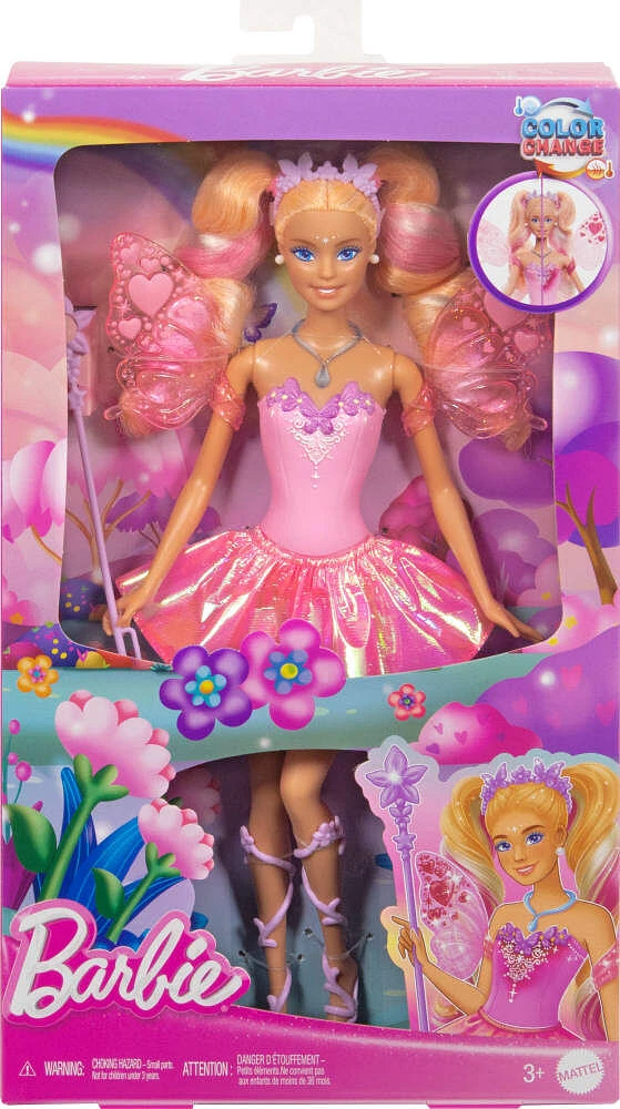 Barbie Fantaisie Poupée Fée, ailes et tenue à changement de couleur