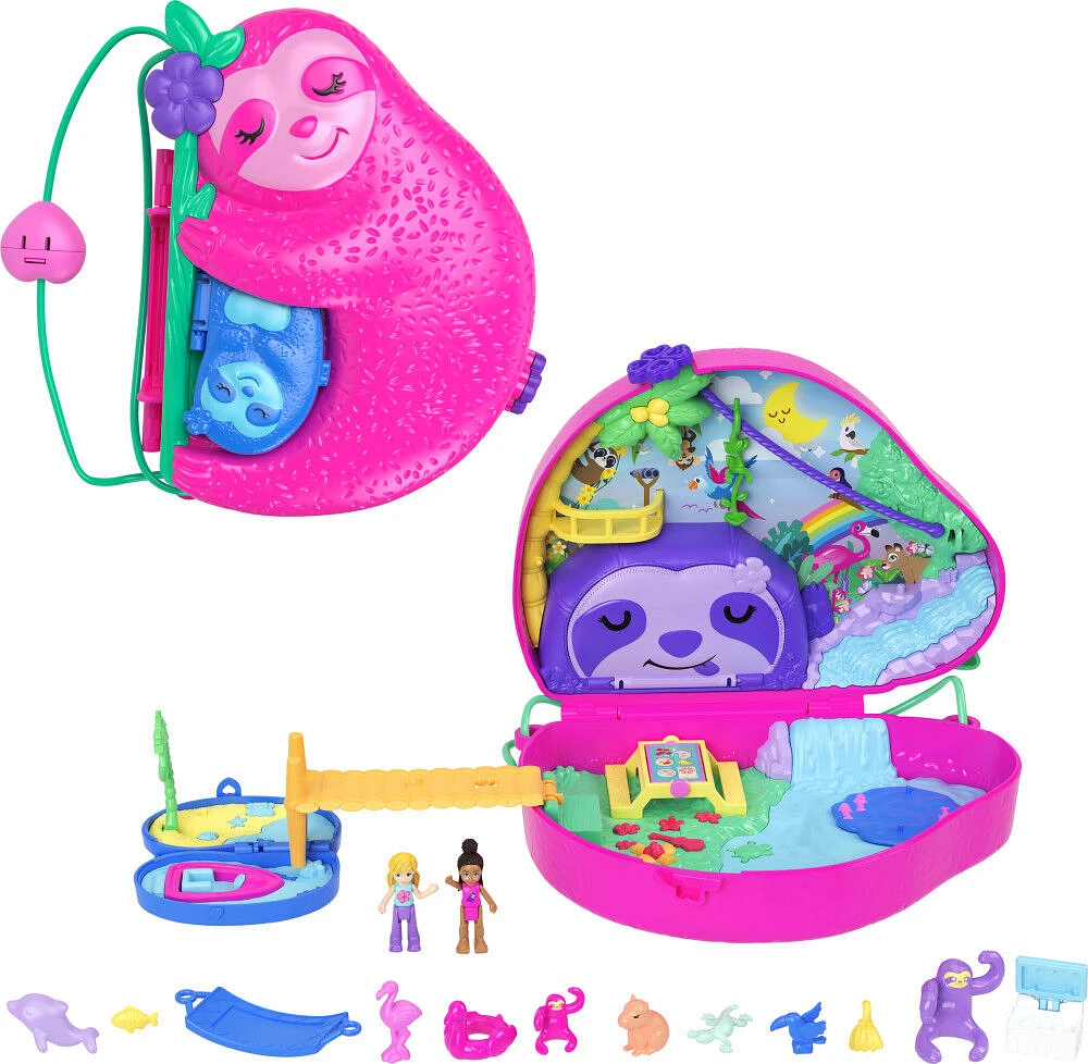 Polly Pocket Dolls and Playset, Travel Toys, Sloth Family 2-in-1 Purse Compact