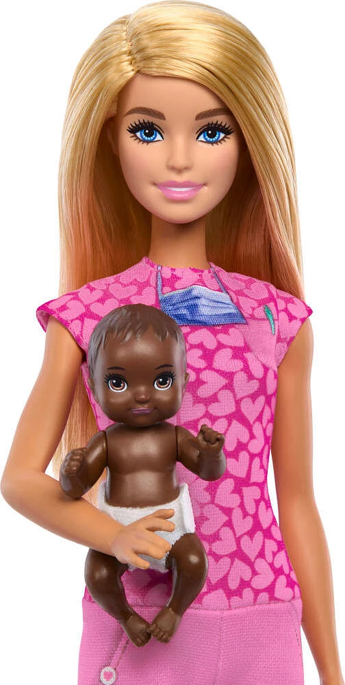 Poupée Barbie Pédiatre avec poupée mode blonde, 1poupée bébé, meubles et accessoires