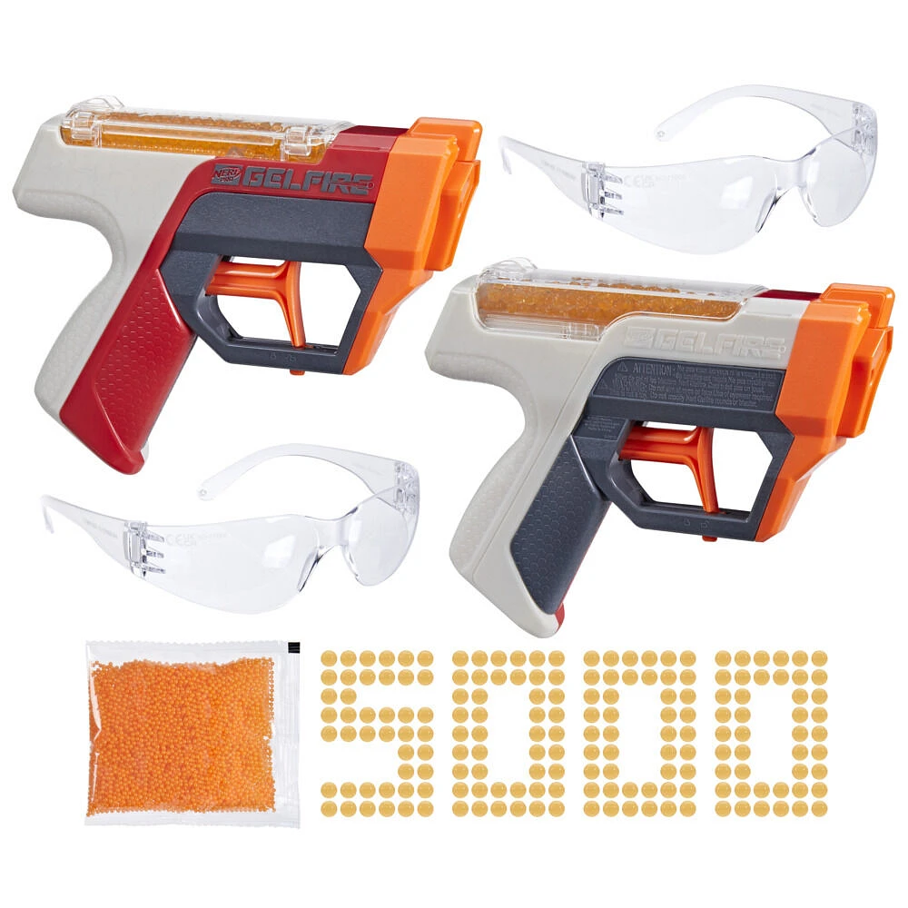 Nerf Pro Gelfire Dual Wield Pack, 2 Blasters, No-Prime Firing, 5000 Gelfire Rounds, 2x 100 Round Integrated Hoppers, 2 Eyewear