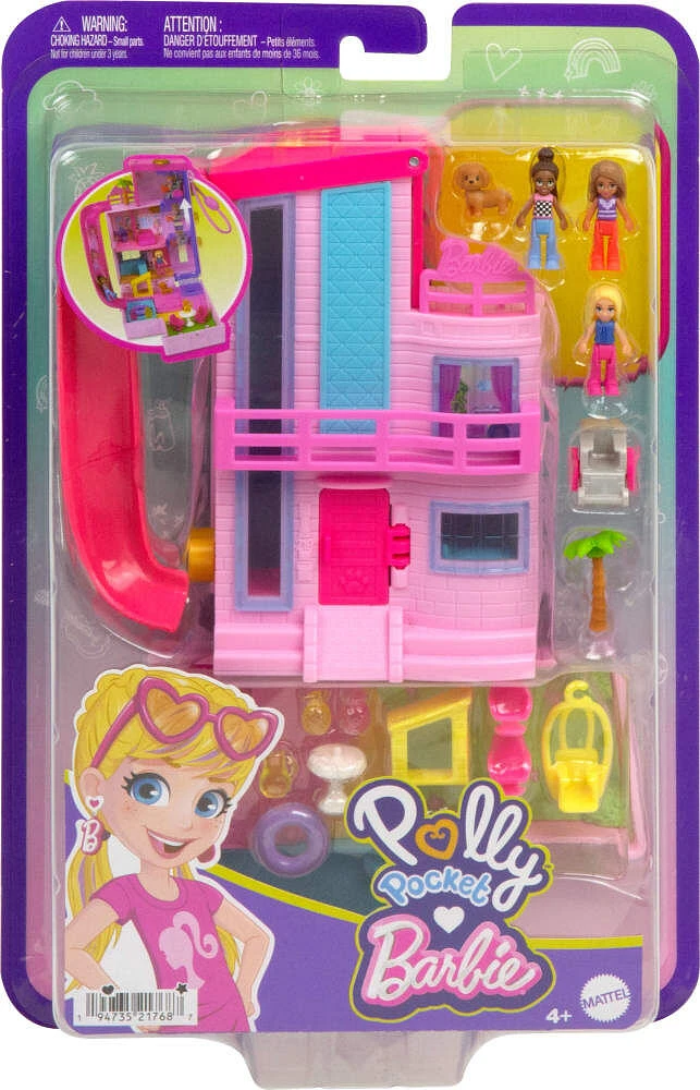 Polly Pocket Barbie Dreamhouse Compact, Dollhouse Playset with 3 Micro Dolls, 1 Pet & 11 Accessories