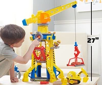 Rubble and Crew, coffret Bark Yard Crane Tower avec figurine articulée Ruben, bulldozer et sable Kinetic Build-It Play Sand