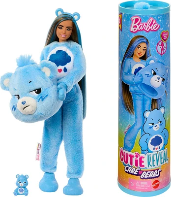 Barbie Cutie Reveal Care Bears Series Doll & Accessories in Grumpy Bear Plush Costume, 10 Surprises