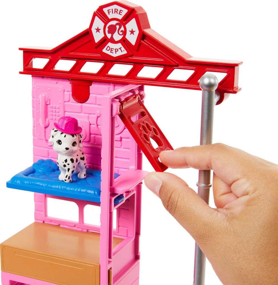 Barbie Firefighter Playset with Blonde Fashion Doll, Fire Station, 2 Pets & 10+ Accessories