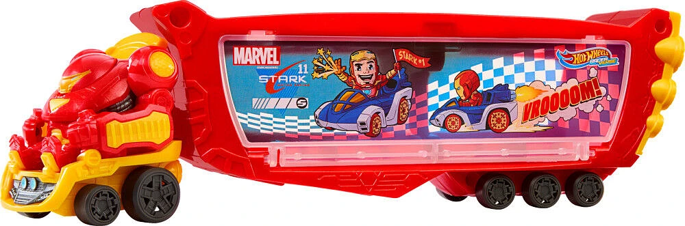 Hot Wheels RacerVerse Marvel Hulkbuster Hauler, Stores Up to 10 Toy Cars, Detachable Cab with Flip-Up Helmet & Non-Removable Figure