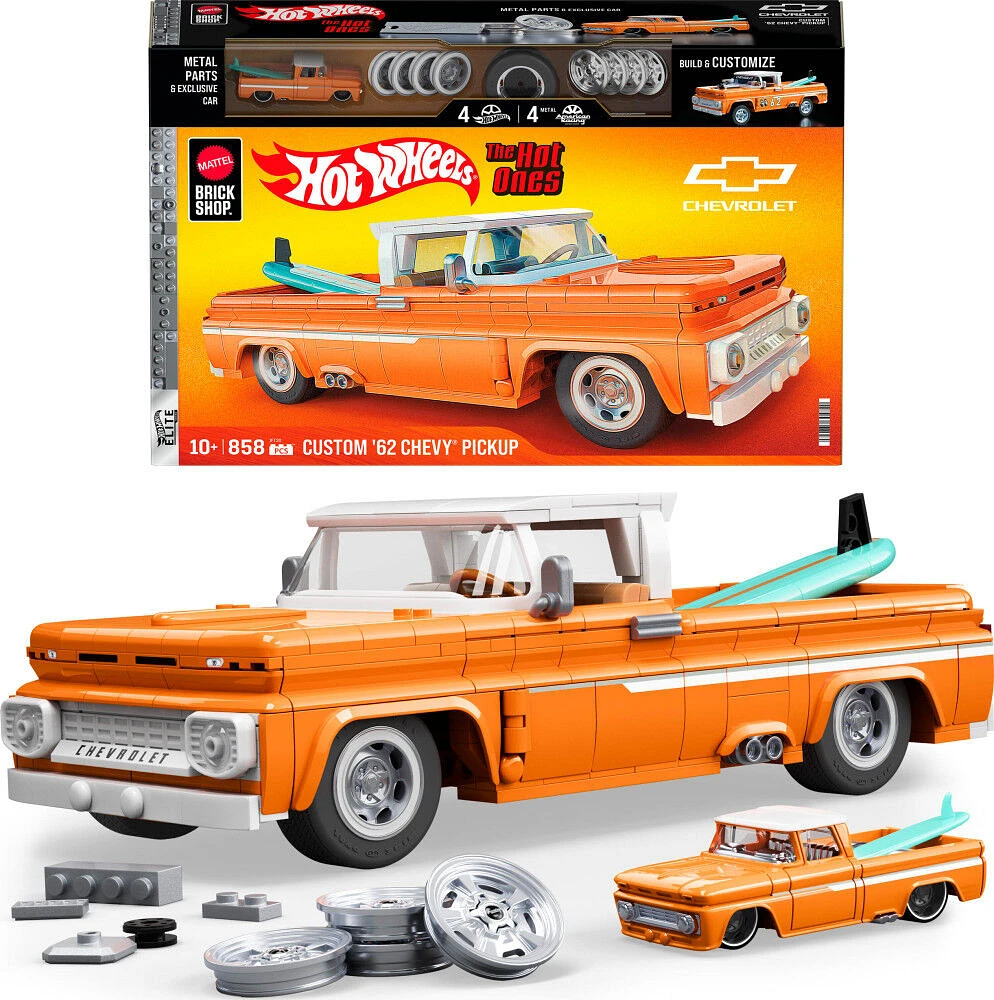 Mattel Brick Shop Hot Wheels Custom '62 Chevy Pickup Building Toy Kit (858 Pieces), for Collectors
