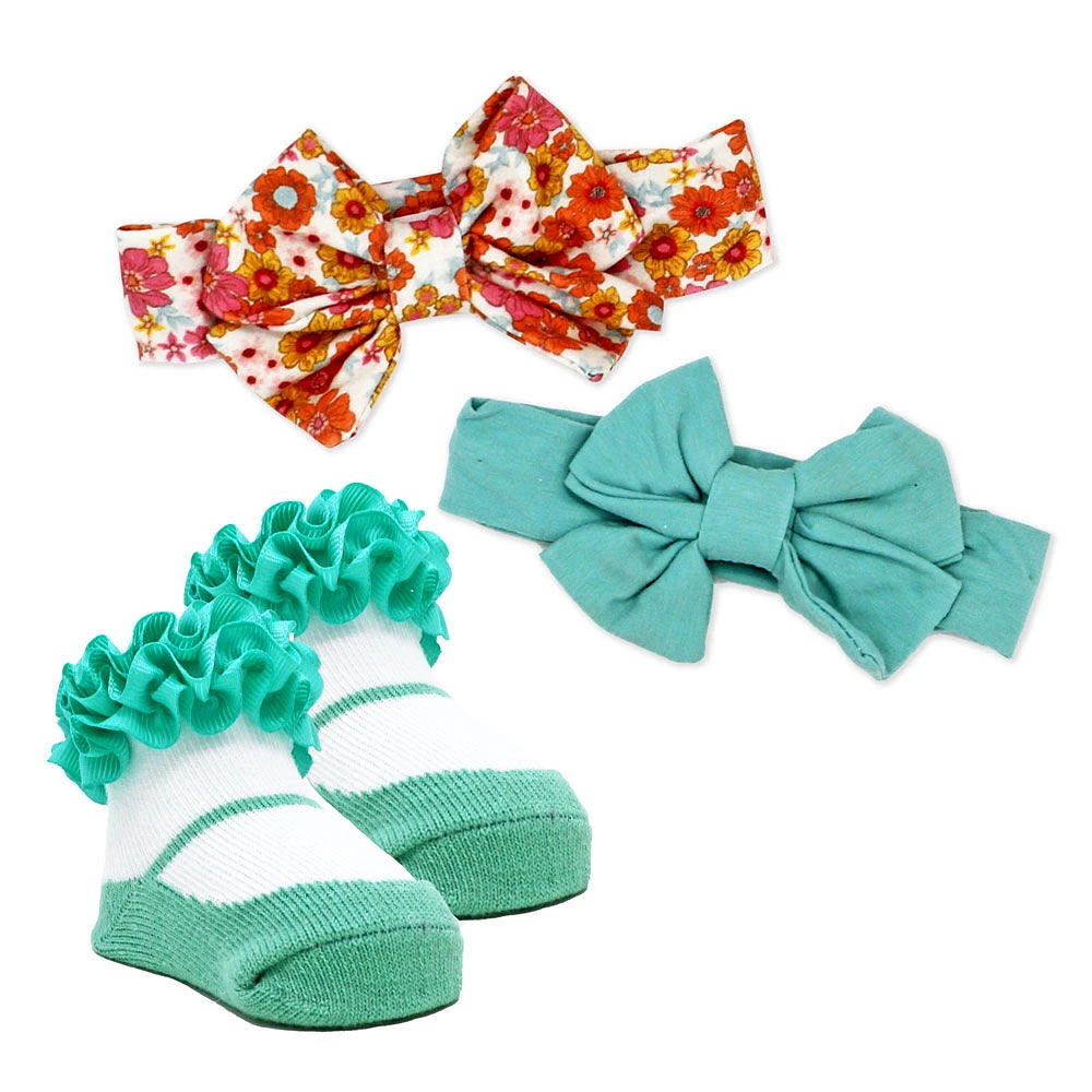 Baby Mode Signature 3 Piece  Headband & Sock Set: Aqua Floral