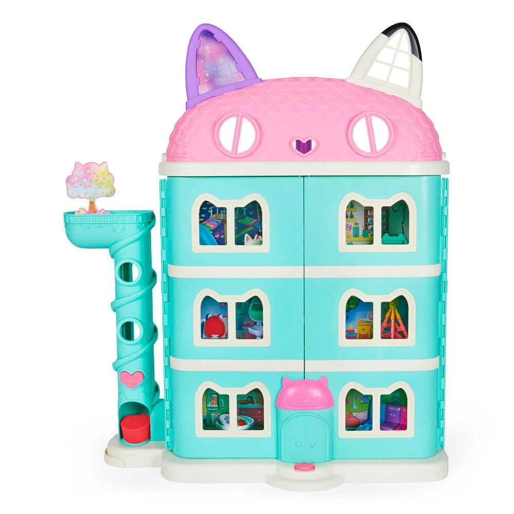 Gabby et la maison magique – Maison de poupées Purrfect Dollhouse avec 2 figurines, 8 meubles, 3 accessoires, 2 boîtes surprises et sons