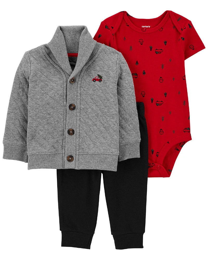 Ensemble 3 pièces cardigan Little en tricot double gris Carter’s