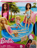 Barbie Coffret de jeu et poupée, blonde, piscine, serviette, boissons