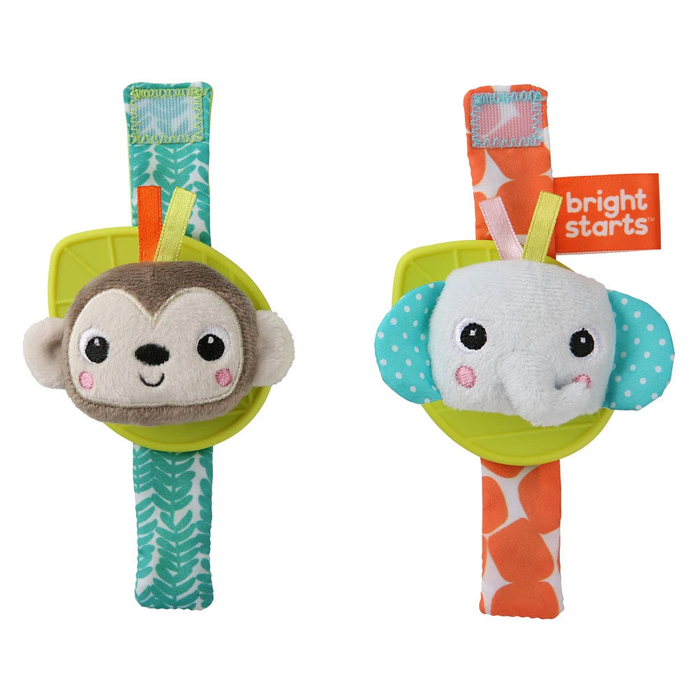 hochets à porter de Bright Starts Rattle and Teethe Wrist Pals - Monkey and Elephant