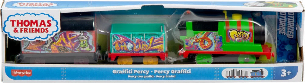 Thomas & Friends Graffiti Percy Motorized Toy Train Engine with Cargo Cars for Preschool Kids