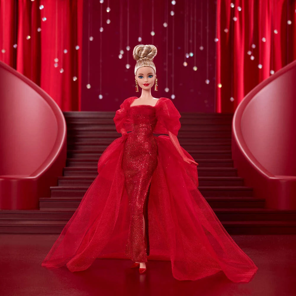 Poupée de collection BarbieSignature pour le 80eanniversaire de Mattel, robe rouge en tulle scintillante, cheveux blonds
