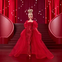 Poupée de collection BarbieSignature pour le 80eanniversaire de Mattel, robe rouge en tulle scintillante, cheveux blonds