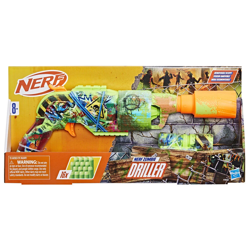 Nerf Zombie Driller, blaster à fléchettes, 16 fléchettes Nerf Elite, barillet rotatif 5 fléchettes, viseur amovible, jeux d'extérieur