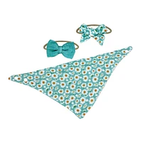 Amor Bebe 3 pc Muslin Reversible Bib with 2 Headbands Set: Aqua Daisy