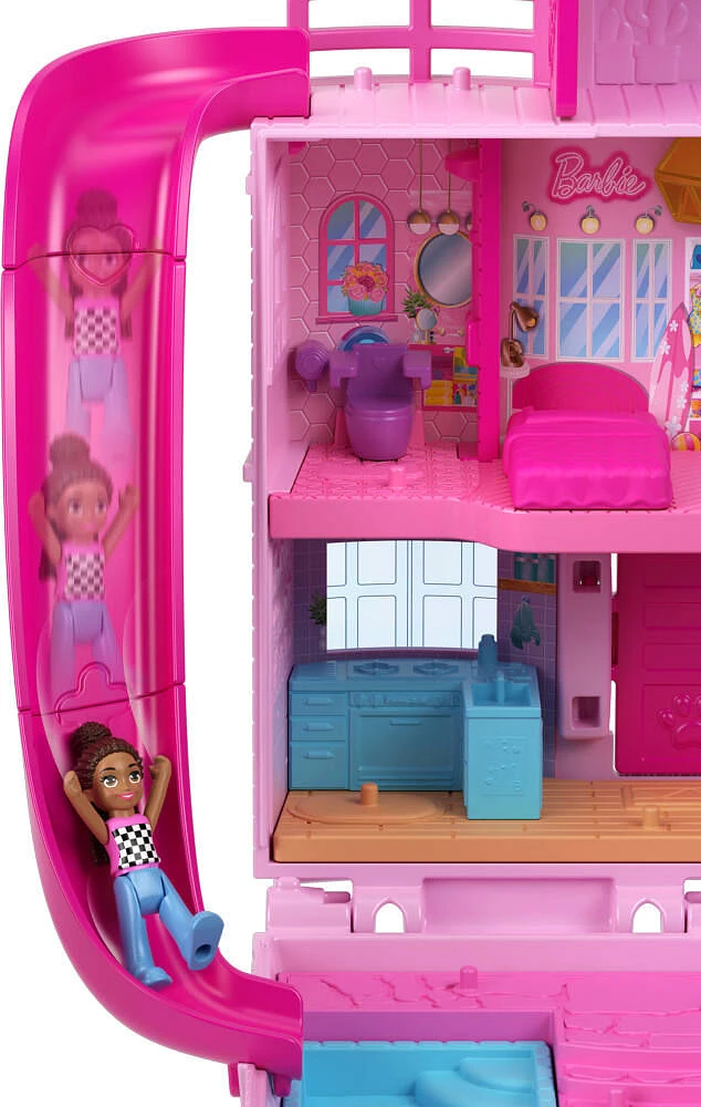 Polly Pocket Barbie Dreamhouse Compact, Dollhouse Playset with 3 Micro Dolls, 1 Pet & 11 Accessories