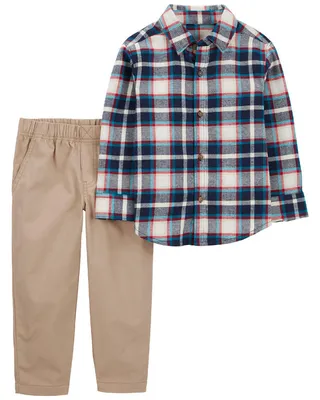 Carter's Two Piece Plaid Button Front Shirt and Pant Set Blue  6M