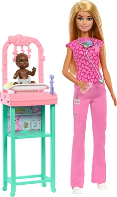 Poupée Barbie Pédiatre avec poupée mode blonde, 1poupée bébé, meubles et accessoires