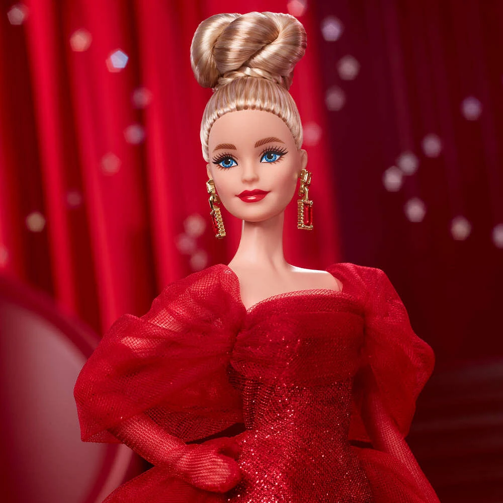 Poupée de collection BarbieSignature pour le 80eanniversaire de Mattel, robe rouge en tulle scintillante, cheveux blonds
