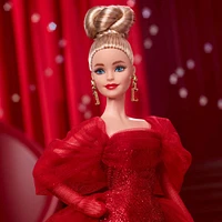 Poupée de collection BarbieSignature pour le 80eanniversaire de Mattel, robe rouge en tulle scintillante, cheveux blonds