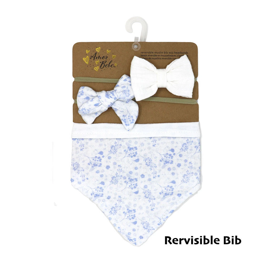 Amor Bebe 3 Piece Muslin Reversible Bib with 2 Headbands Set: Floral