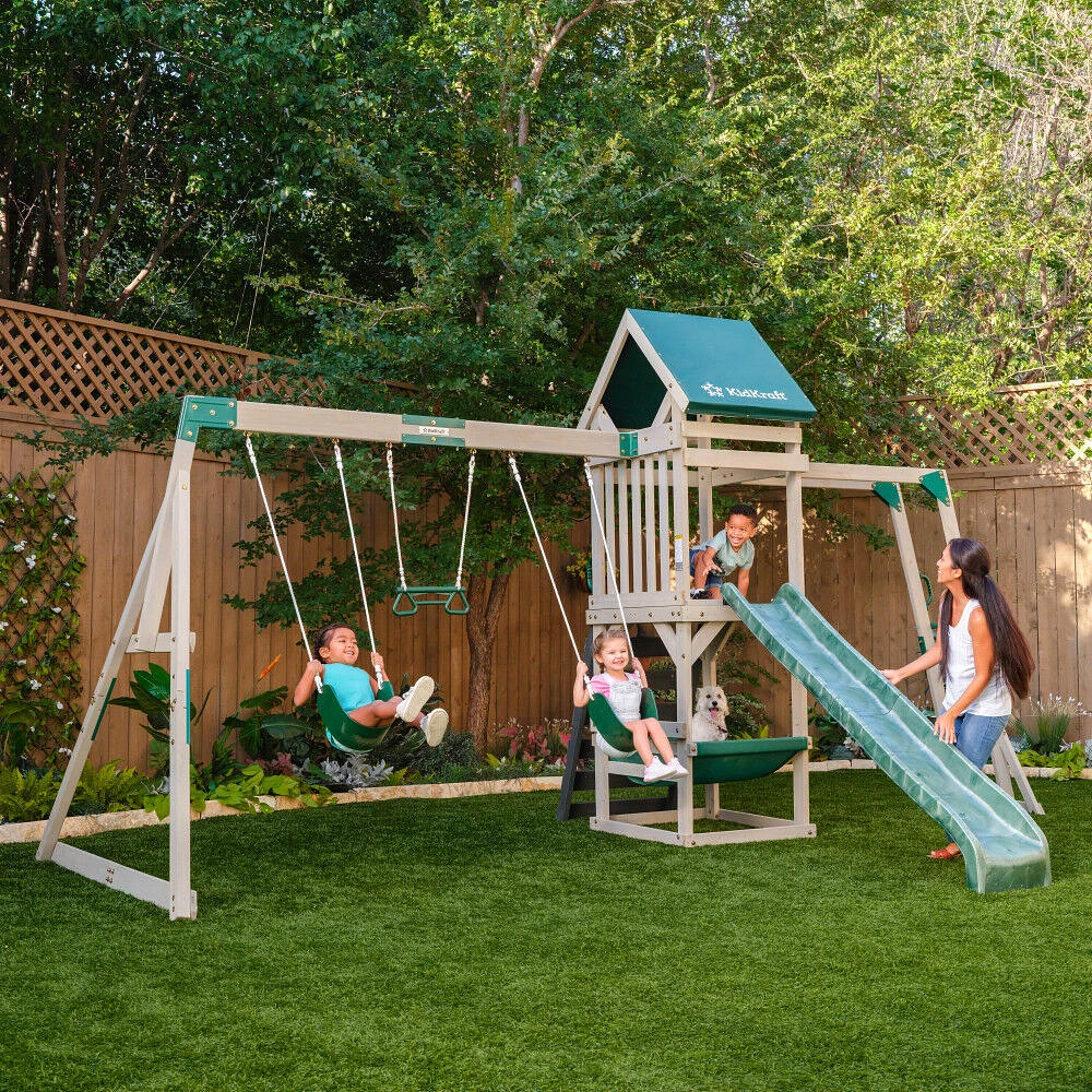 KidKraft Park Tower Wooden Swing Set with Slide, Monkey Bar and 3 Swings