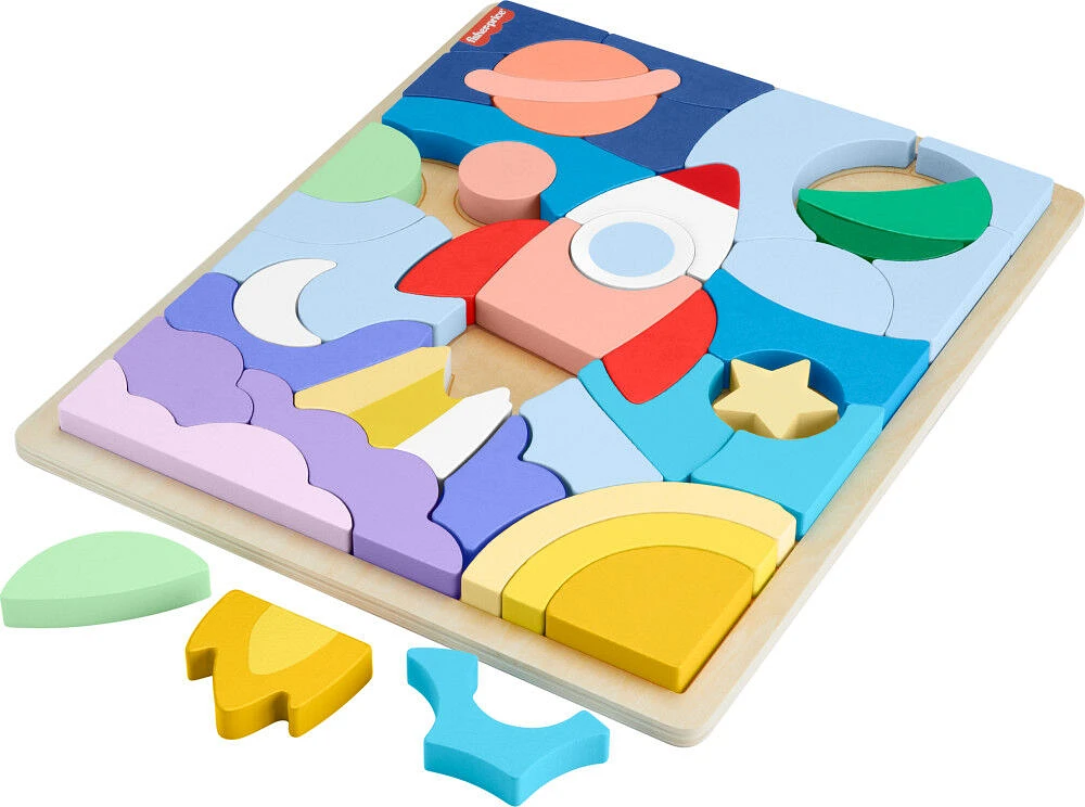 Fisher-Price Wooden Space Blocks Puzzle for Preschool Kids, 42 Wood Pieces